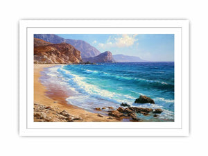Coastal beach canvas art with blue waves and cliffs for relaxed living room decor.