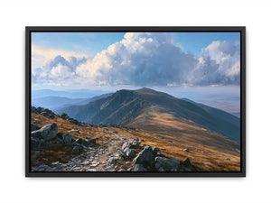 Horizontal mountain landscape canvas art with clouds for calm modern room decor.