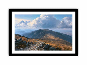 Horizontal mountain landscape canvas art with clouds for calm modern room decor.