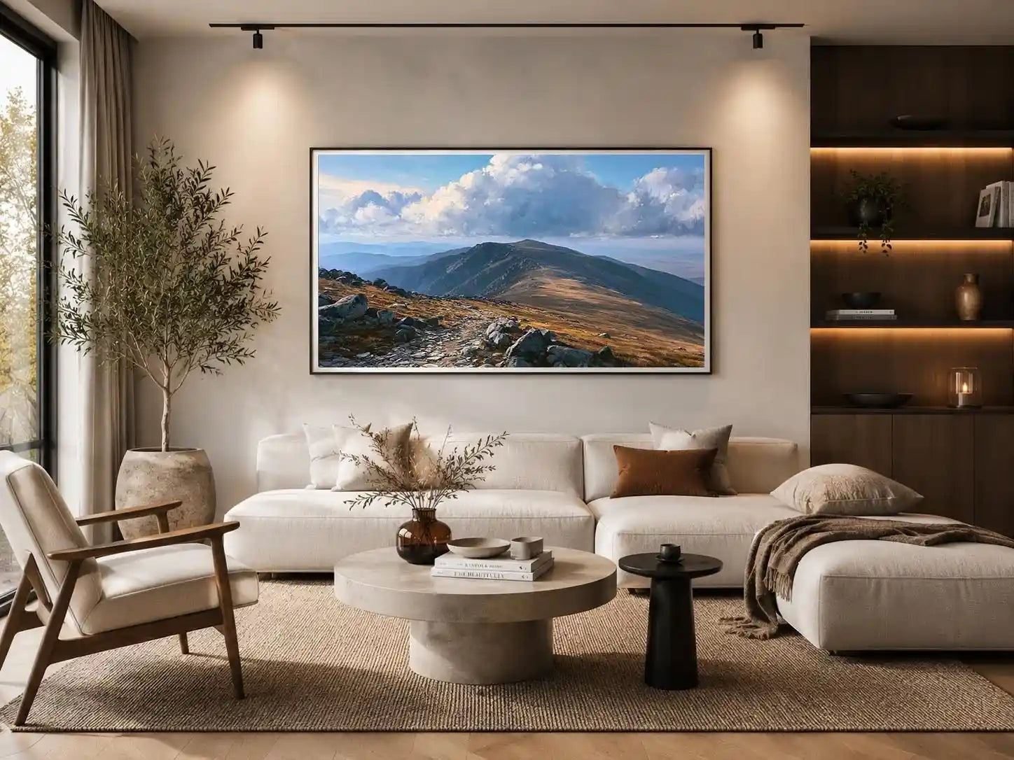 Horizontal mountain landscape canvas art with clouds for calm modern room decor.