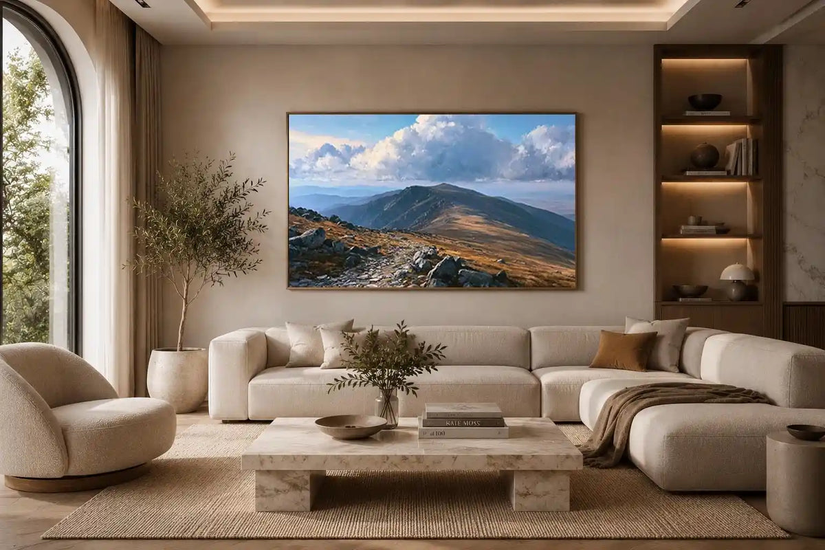 Horizontal mountain landscape canvas art with clouds for calm modern room decor.