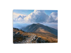 Horizontal mountain landscape canvas art with clouds for calm modern room decor.