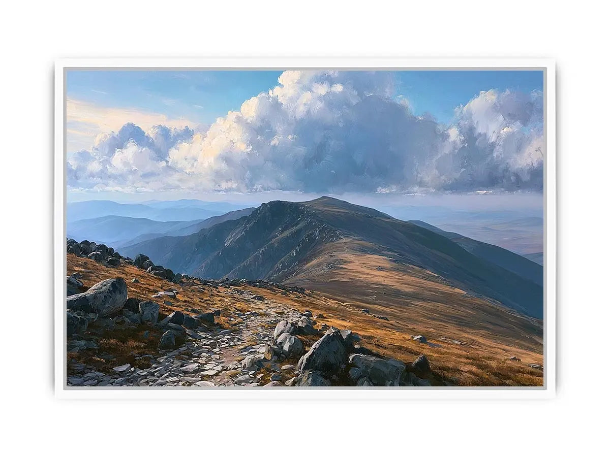 Horizontal mountain landscape canvas art with clouds for calm modern room decor.