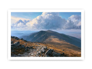 Horizontal mountain landscape canvas art with clouds for calm modern room decor.