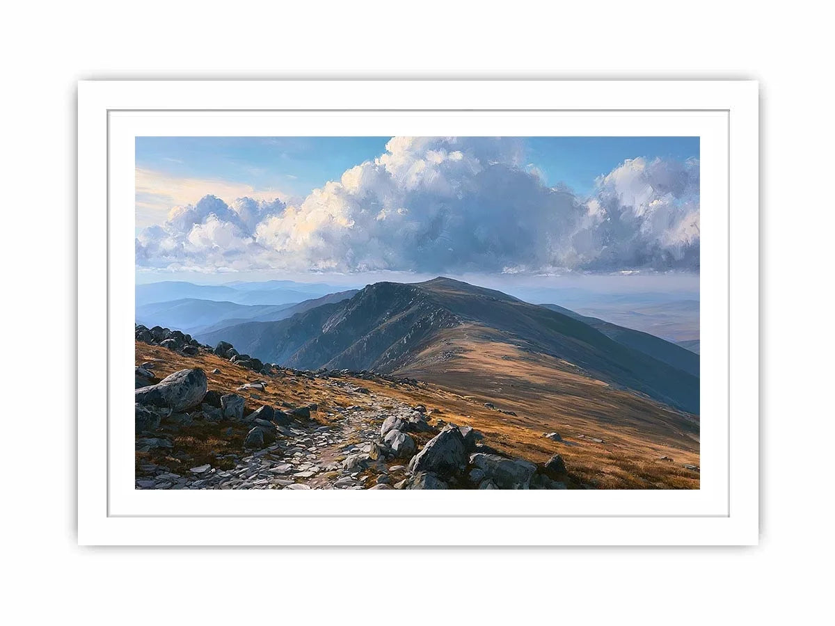 Horizontal mountain landscape canvas art with clouds for calm modern room decor.