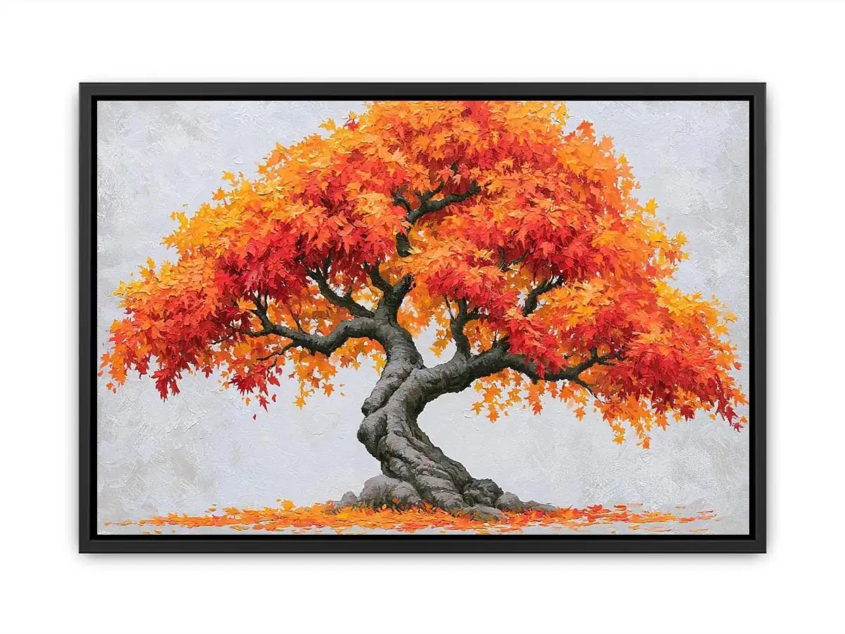 Autumn bonsai tree canvas art with orange leaves for warm modern room decor.