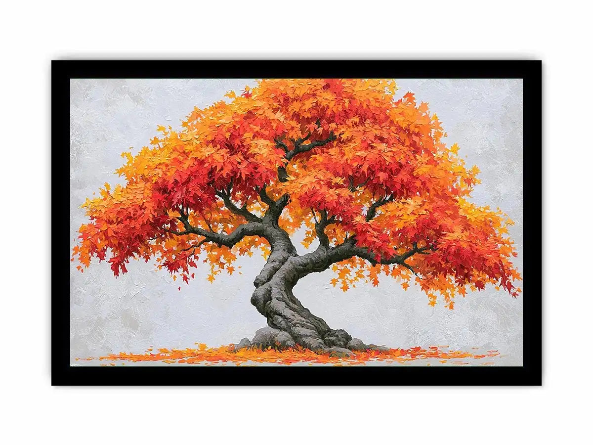 Autumn bonsai tree canvas art with orange leaves for warm modern room decor.