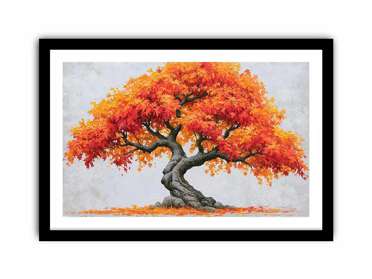 Autumn bonsai tree canvas art with orange leaves for warm modern room decor.