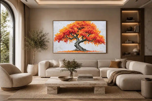 Autumn bonsai tree canvas art with orange leaves for warm modern room decor.