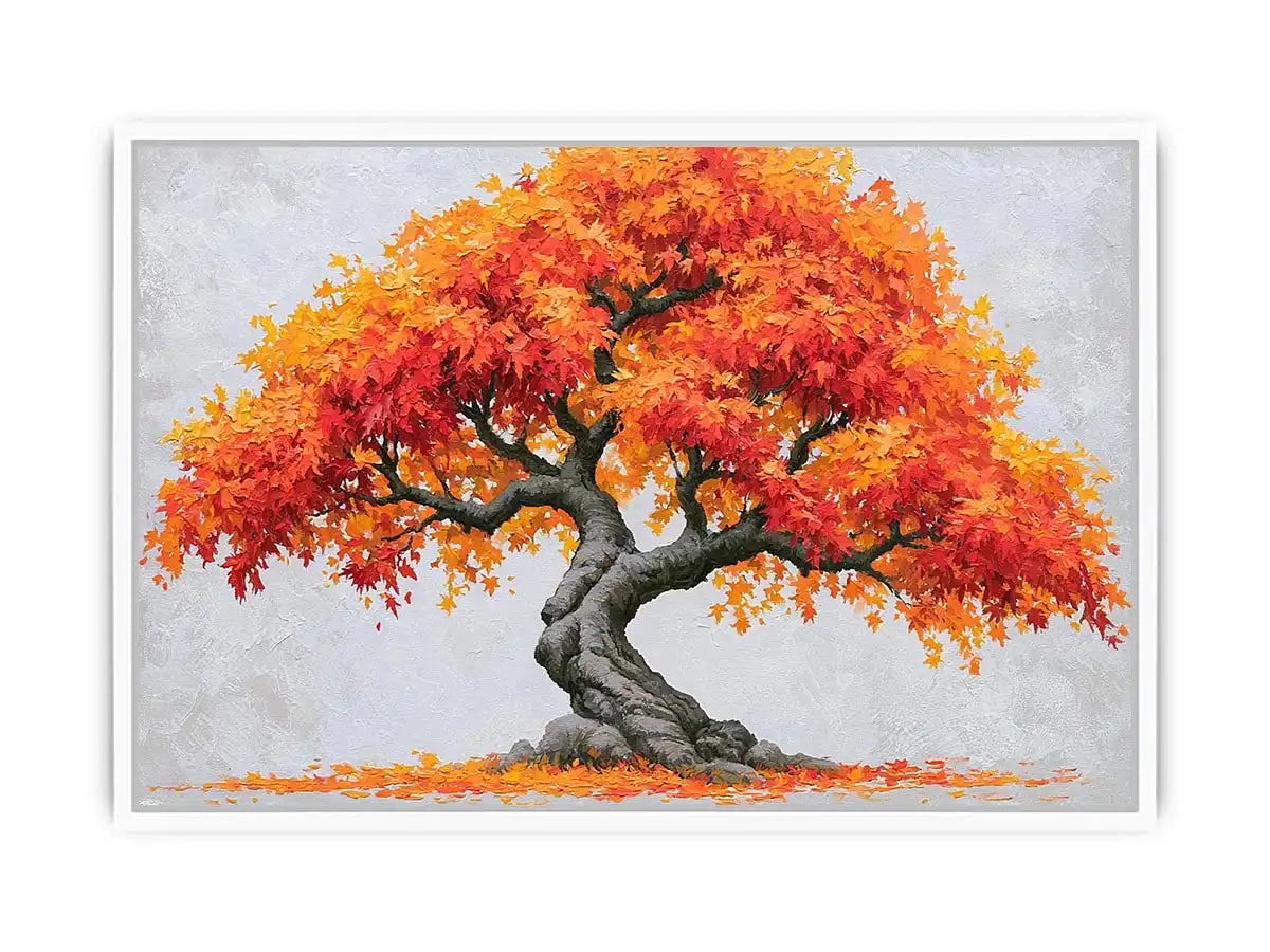 Autumn bonsai tree canvas art with orange leaves for warm modern room decor.