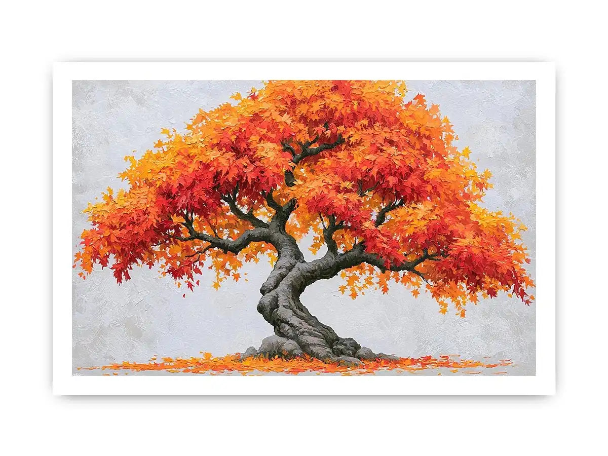 Autumn bonsai tree canvas art with orange leaves for warm modern room decor.