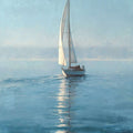 Misty blue sailboat canvas art in a refined coastal style for bedroom or office decor.