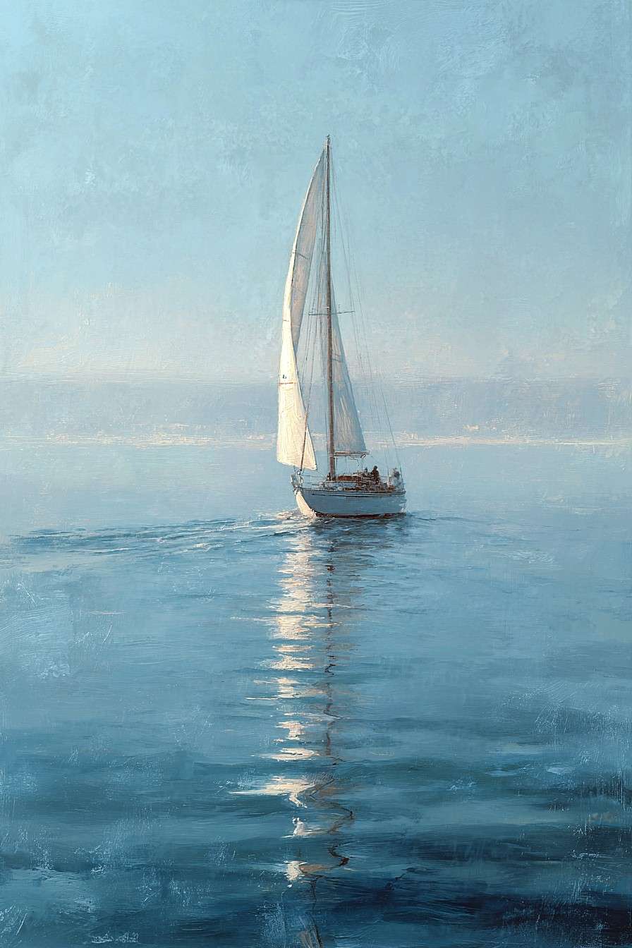 Misty blue sailboat canvas art in a refined coastal style for bedroom or office decor.