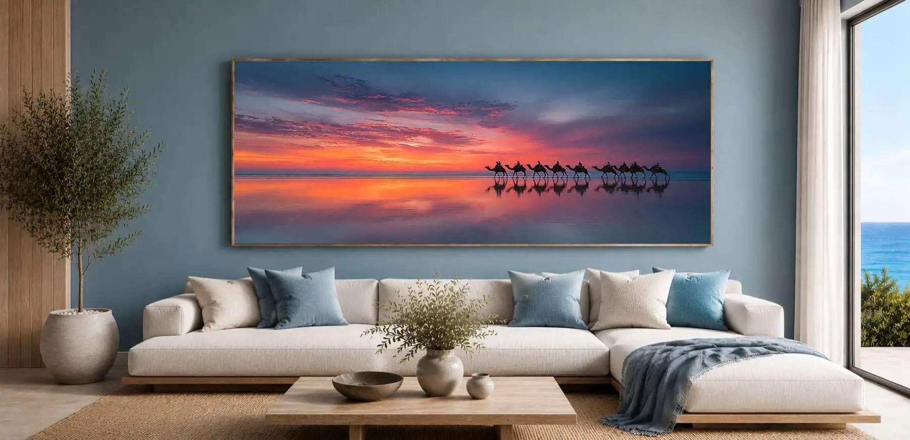 Panoramic camel sunset beach canvas art for coastal living room decor.