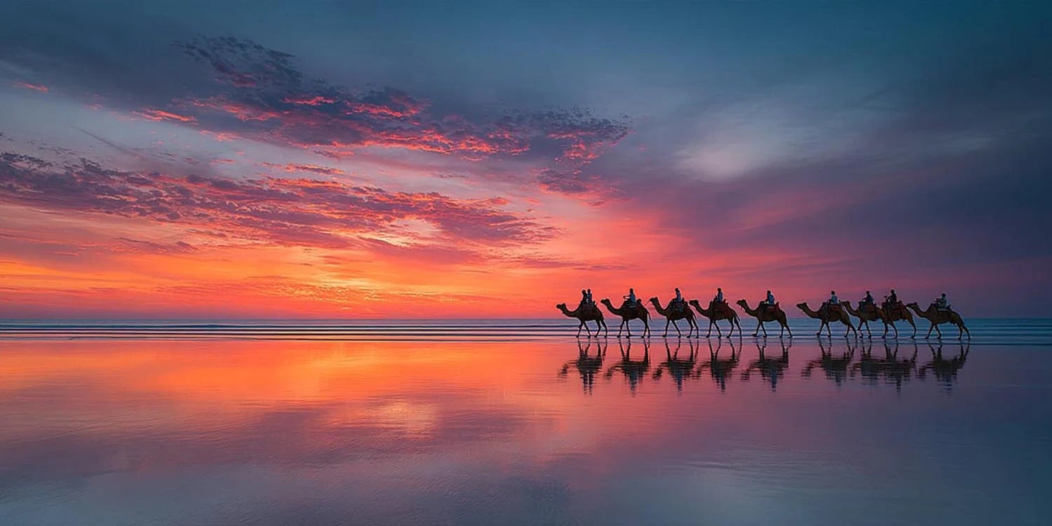 Panoramic camel sunset beach canvas art for coastal living room decor.