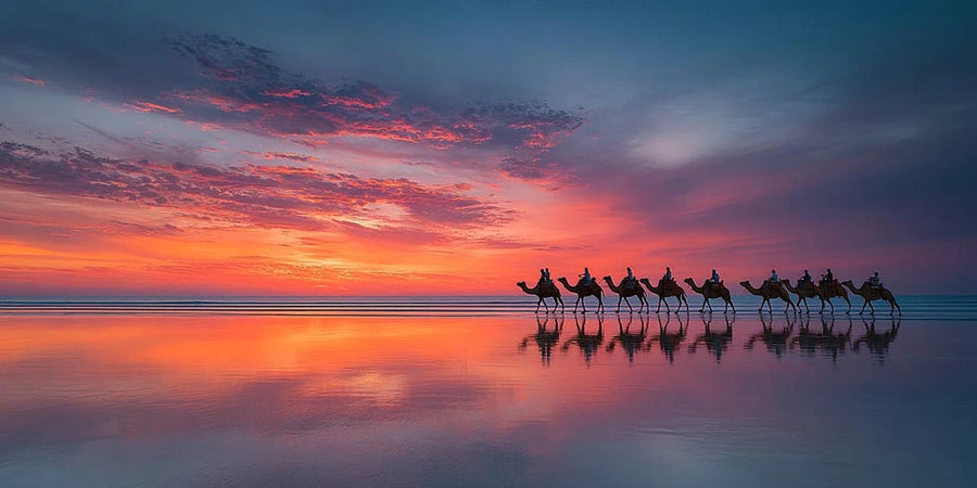 Panoramic camel sunset beach canvas art for coastal living room decor.