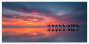 Panoramic camel sunset beach canvas art for coastal living room decor.