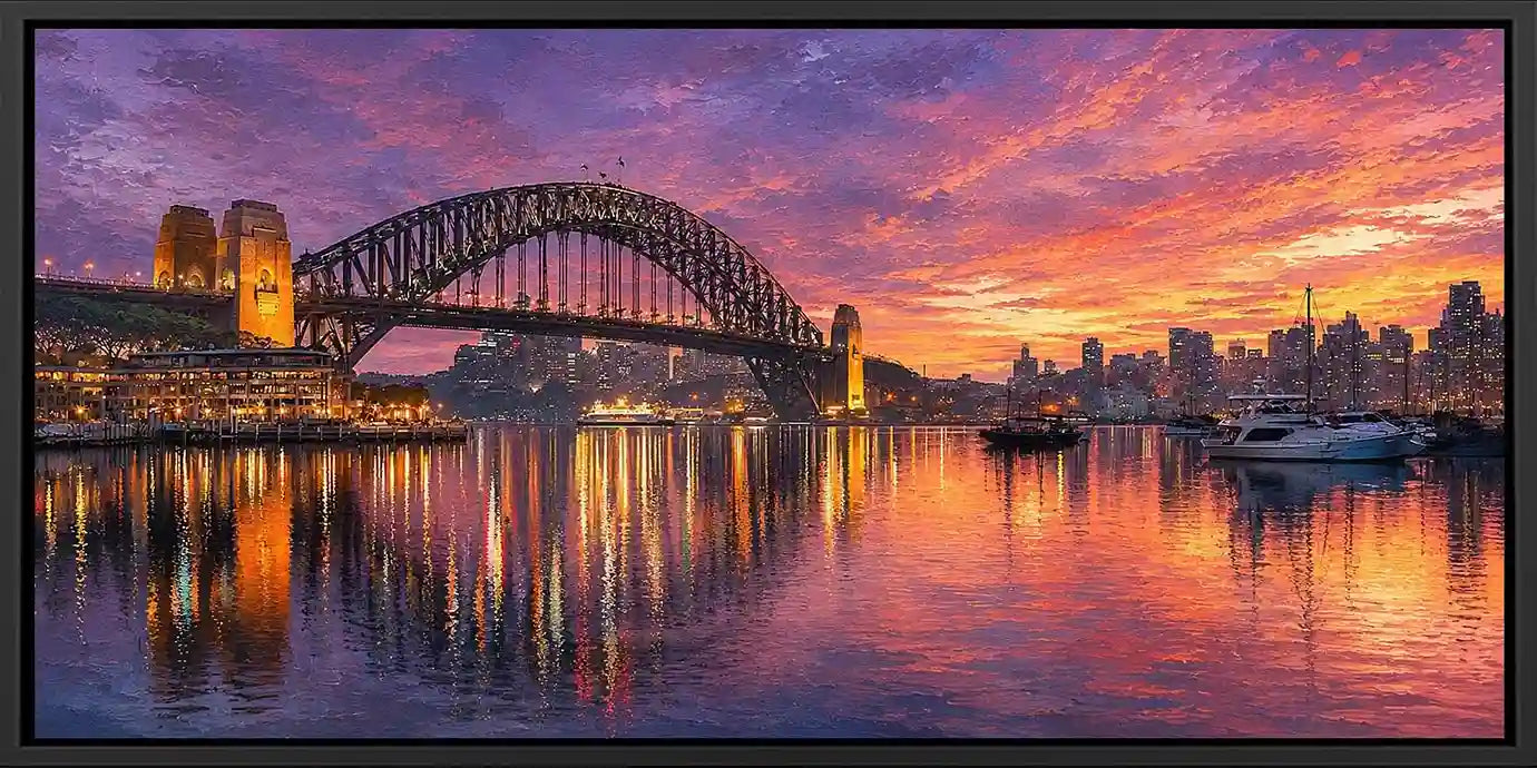 Panoramic harbour bridge sunset canvas art for sophisticated living room decor.