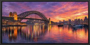 Panoramic harbour bridge sunset canvas art for sophisticated living room decor.