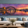 Panoramic harbour bridge sunset canvas art for sophisticated living room decor.