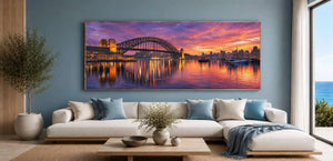 Panoramic harbour bridge sunset canvas art for sophisticated living room decor.