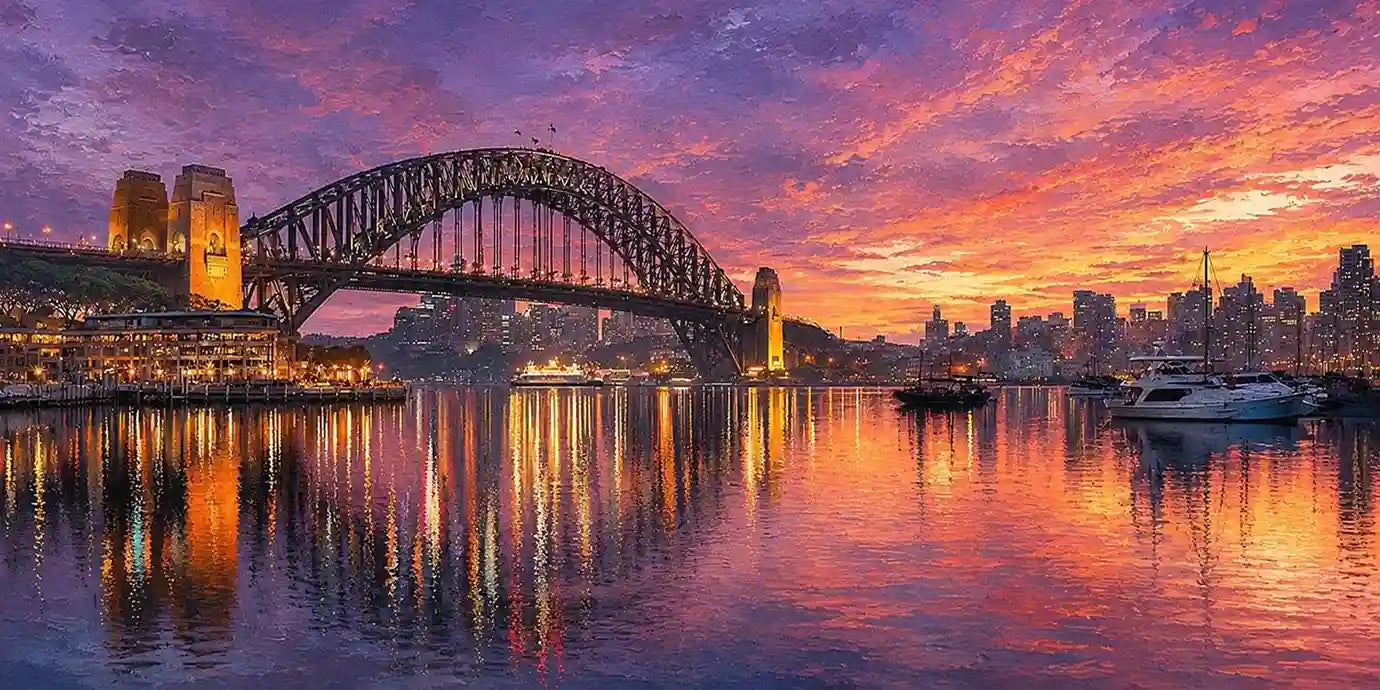 Panoramic harbour bridge sunset canvas art for sophisticated living room decor.