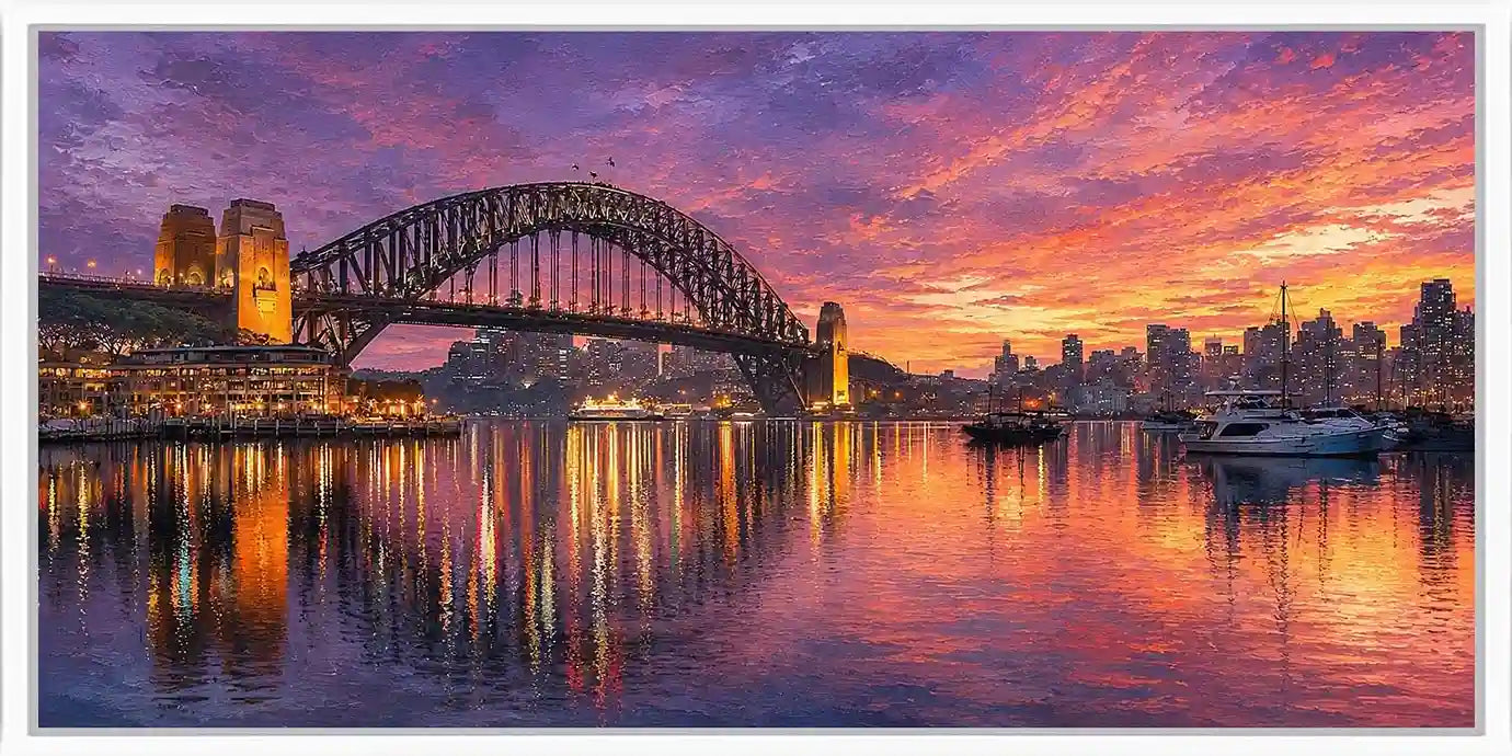 Panoramic harbour bridge sunset canvas art for sophisticated living room decor.