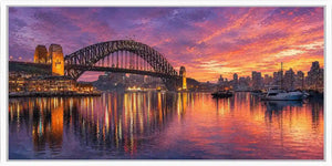Panoramic harbour bridge sunset canvas art for sophisticated living room decor.