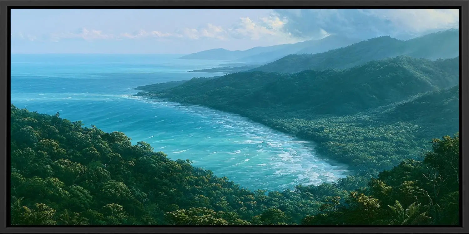 Tropical coastal rainforest canvas art with ocean and misty green hills for modern bedroom decor.