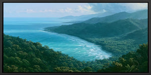 Tropical coastal rainforest canvas art with ocean and misty green hills for modern bedroom decor.