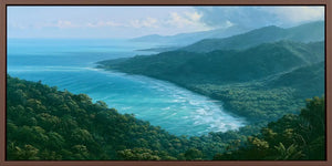 Tropical coastal rainforest canvas art with ocean and misty green hills for modern bedroom decor.