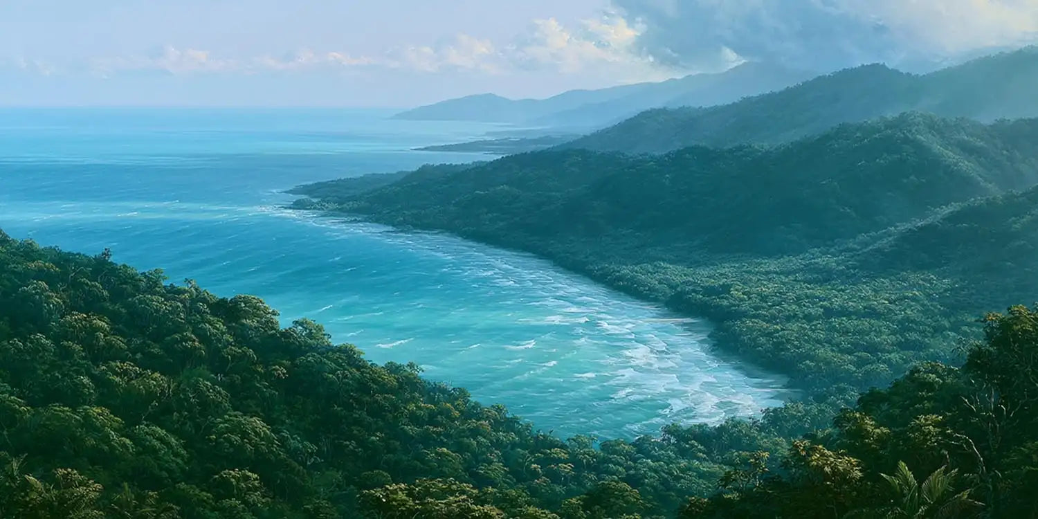 Tropical coastal rainforest canvas art with ocean and misty green hills for modern bedroom decor.
