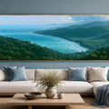Tropical coastal rainforest canvas art with ocean and misty green hills for modern bedroom decor.