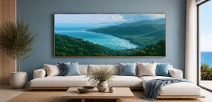 Tropical coastal rainforest canvas art with ocean and misty green hills for modern bedroom decor.