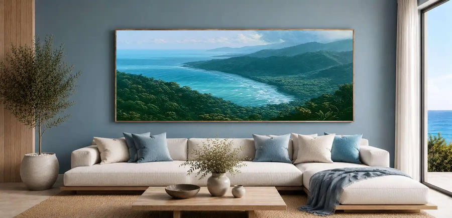 Tropical coastal rainforest canvas art with ocean and misty green hills for modern bedroom decor.