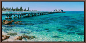 Turquoise seaside jetty canvas art with clear ocean water for coastal living room or beach house decor.