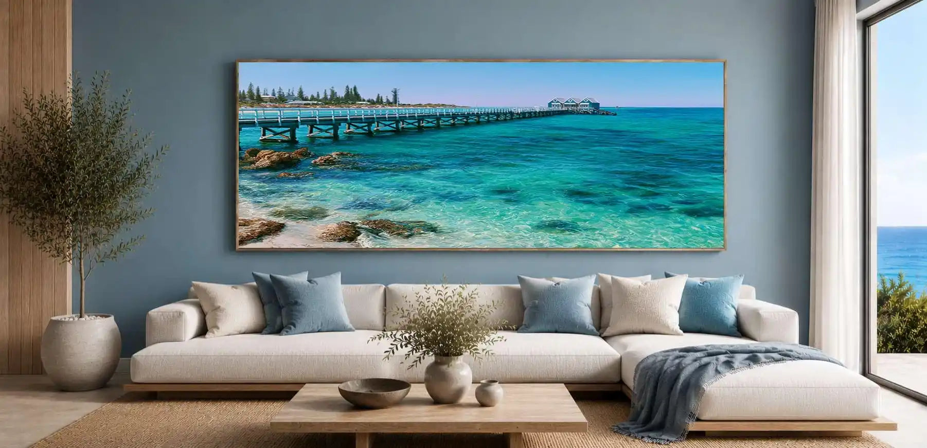Turquoise seaside jetty canvas art with clear ocean water for coastal living room or beach house decor.