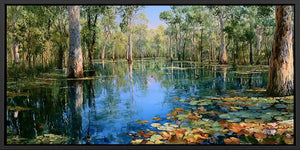 Australian wetland canvas art with gum trees, lily pads and reflective water for peaceful living room decor.