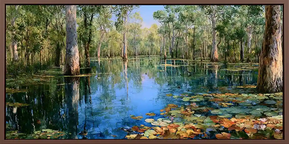 Australian wetland canvas art with gum trees, lily pads and reflective water for peaceful living room decor.