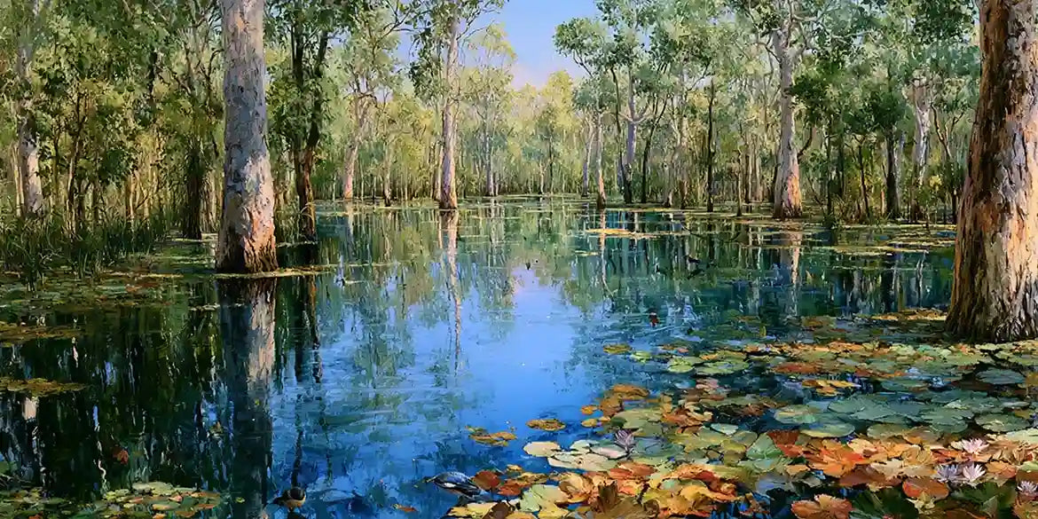Australian wetland canvas art with gum trees, lily pads and reflective water for peaceful living room decor.