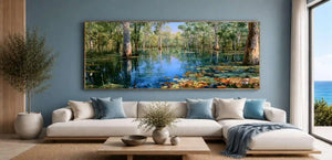 Australian wetland canvas art with gum trees, lily pads and reflective water for peaceful living room decor.