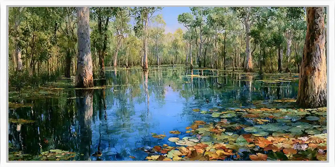 Australian wetland canvas art with gum trees, lily pads and reflective water for peaceful living room decor.