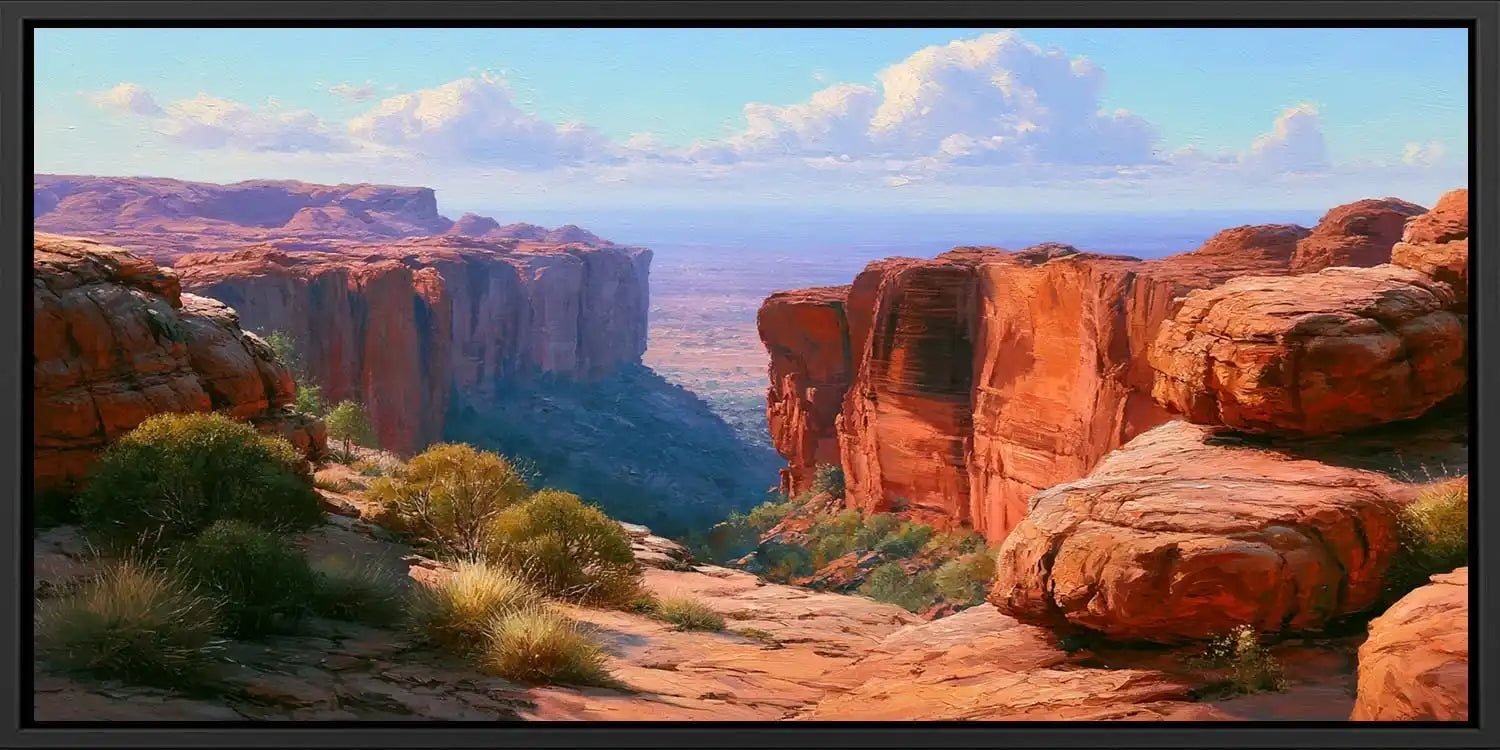 Red desert canyon canvas art with sandstone cliffs for warm southwestern living room decor.