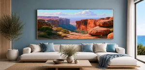 Red desert canyon canvas art with sandstone cliffs for warm southwestern living room decor.