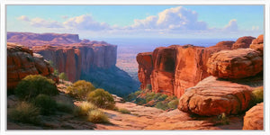 Red desert canyon canvas art with sandstone cliffs for warm southwestern living room decor.