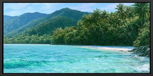 Tropical palm beach canvas art with turquoise lagoon water for coastal bedroom and living room decor.