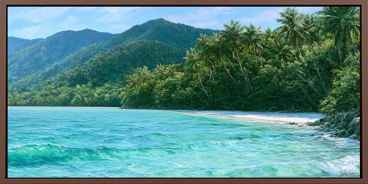 Tropical palm beach canvas art with turquoise lagoon water for coastal bedroom and living room decor.