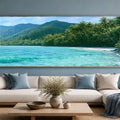 Tropical palm beach canvas art with turquoise lagoon water for coastal bedroom and living room decor.