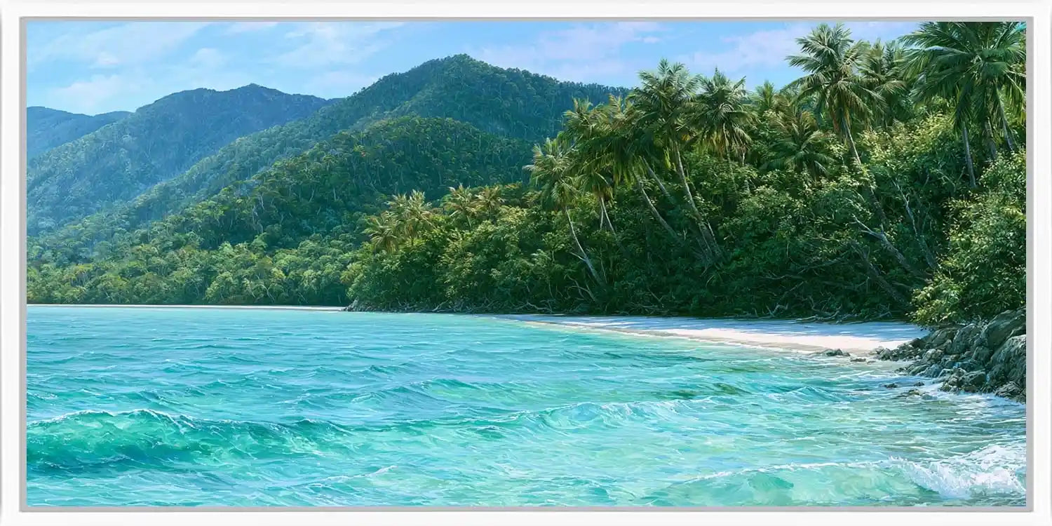 Tropical palm beach canvas art with turquoise lagoon water for coastal bedroom and living room decor.