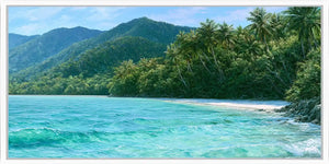 Tropical palm beach canvas art with turquoise lagoon water for coastal bedroom and living room decor.